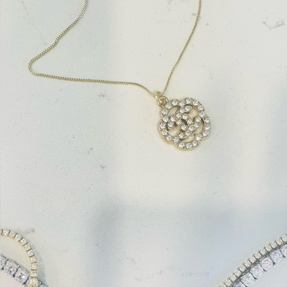 Luxury Rhinestone Floral Logo Repurposed Zipper Pull Necklace